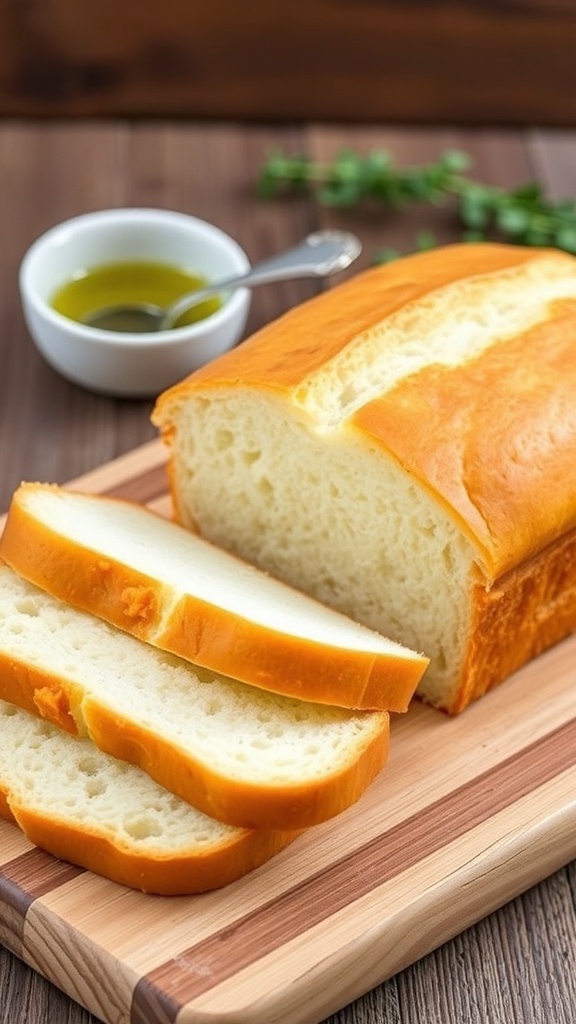 Low Carb Gluten-Free Bread Recipe A loaf of low carb gluten-free bread sliced on a cutting board with olive oil and herbs in the background.
